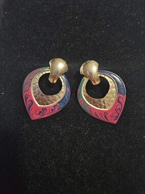 Gold-Tone Red, Blur & Green Enamel Drop Earrings
